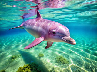 Fototapeta premium Vibrant pink dolphin glides effortlessly through crystal-clear turquoise ocean water, its smooth skin glistening in the sunlight, surrounded by subtle ocean currents and seaweed.