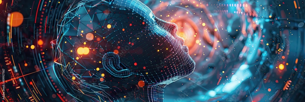 Poster human head immersed in a swirling vortex of digital pixels and abstract shapes representing modern c