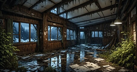 abandoned interior of cabin ski lodge resort in the forest wilderness mountains in the snow. deserted ransacked wooden log cottage in arctic tundra.