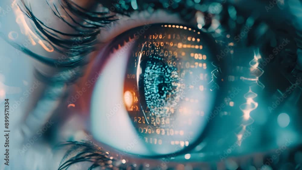 Poster A high-resolution photo of a cyborg eye scanning a digital landscape, with binary code flowing across the iris and pupil.