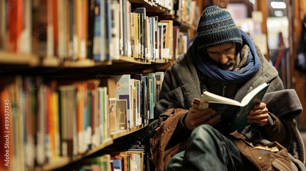 Wall mural Seeking Solace and Knowledge: Homeless Person Finding Refuge in Library Sanctuary