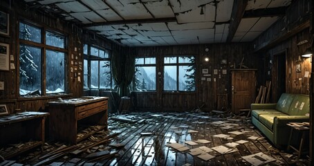 Fototapeta premium abandoned interior of cabin ski lodge resort in the forest wilderness mountains in the snow. deserted ransacked wooden log cottage in arctic tundra.