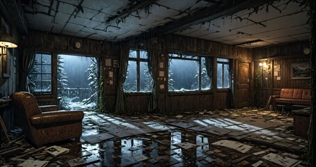 Fototapeta premium abandoned interior of cabin ski lodge resort in the forest wilderness mountains in the snow. deserted ransacked wooden log cottage in arctic tundra.