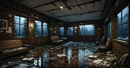 abandoned interior of cabin ski lodge resort in the forest wilderness mountains in the snow. deserted ransacked wooden log cottage in arctic tundra.