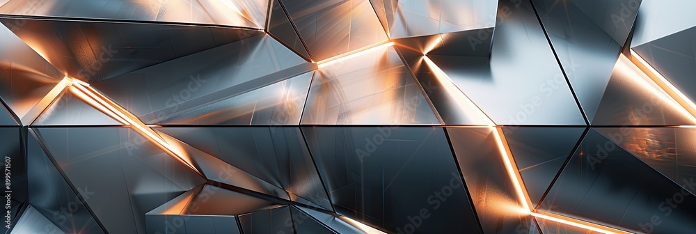 Poster intricate interlocking geometric forms with metallic texture and abstract lighting effects at evenin