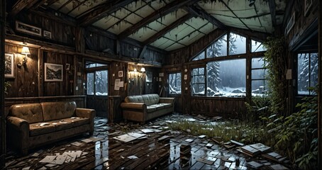 abandoned interior of cabin ski lodge resort in the forest wilderness mountains in the snow. deserted ransacked wooden log cottage in arctic tundra.