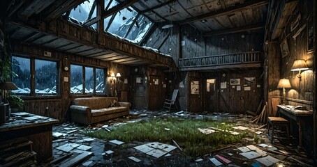 abandoned interior of cabin ski lodge resort in the forest wilderness mountains in the snow. deserted ransacked wooden log cottage in arctic tundra.