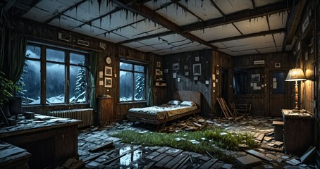abandoned interior of cabin ski lodge resort in the forest wilderness mountains in the snow. deserted ransacked wooden log cottage bedroom in arctic tundra.