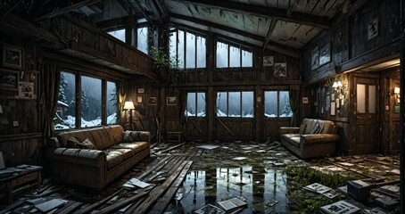 abandoned old ski lodge resort interior cabin in the forest snowy mountains in winter with snow on pine trees. ransacked arctic wooden log cottage house. 