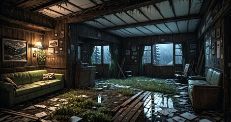 Obraz premium abandoned old ski lodge resort interior cabin in the forest snowy mountains in winter with snow on pine trees. ransacked arctic wooden log cottage house. 