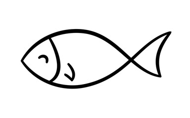 Doodle fish icon. Hand drawn sea fish. Children sketch drawing. Simple line art. Vector illustration isolated on white background.