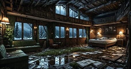 abandoned old ski lodge resort interior cabin in the forest snowy mountains in winter with snow on pine trees. ransacked arctic wooden log cottage house. 