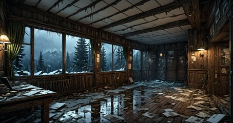 abandoned old ski lodge resort interior cabin in the forest snowy mountains in winter with snow on pine trees. ransacked arctic wooden log cottage house. 