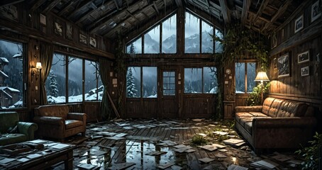 abandoned old ski lodge resort interior cabin in the forest snowy mountains in winter with snow on pine trees. ransacked arctic wooden log cottage house. 