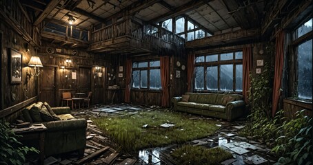 Fototapeta premium abandoned old ski lodge resort interior cabin in the forest snowy mountains in winter with snow on pine trees. ransacked arctic wooden log cottage house. 