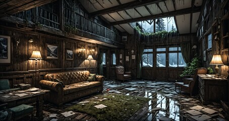 Fototapeta premium abandoned old ski lodge resort interior cabin in the forest snowy mountains in winter with snow on pine trees. ransacked arctic wooden log cottage house. 