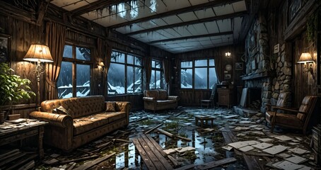 abandoned old ski lodge resort interior cabin in the forest snowy mountains in winter with snow on pine trees. ransacked arctic wooden log cottage house. 