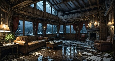 abandoned old ski lodge resort interior cabin in the forest snowy mountains in winter with snow on pine trees. ransacked arctic wooden log cottage house. 