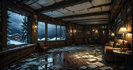 abandoned old ski lodge resort interior cabin in the forest snowy mountains in winter with snow on pine trees. ransacked arctic wooden log cottage house. 