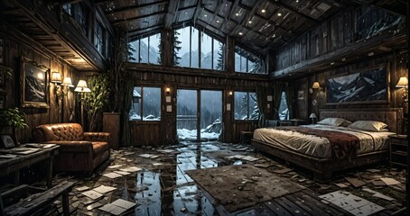 abandoned wooden cabin bedroom interior in the woods on  a rainy evening day night. ransacked wood log lodge overgrown cottage in the forest rain.