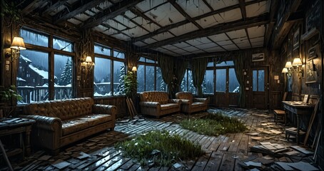 abandoned old ski lodge resort interior cabin in the forest snowy mountains in winter with snow on pine trees. ransacked arctic wooden log cottage house. 
