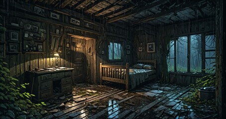 Fototapeta premium abandoned wooden cabin bedroom interior in the woods on a rainy evening day night. ransacked wood log lodge overgrown cottage in the forest rain.