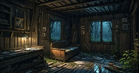 Obraz premium old abandoned wooden cabin ransacked lodge on a rainy summer spring evening.