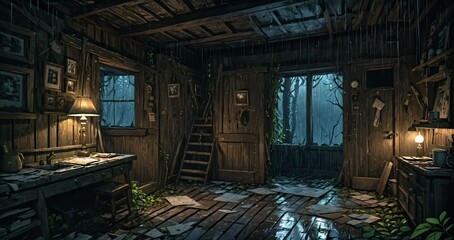 Fototapeta premium old abandoned wooden cabin ransacked lodge on a rainy summer spring evening.