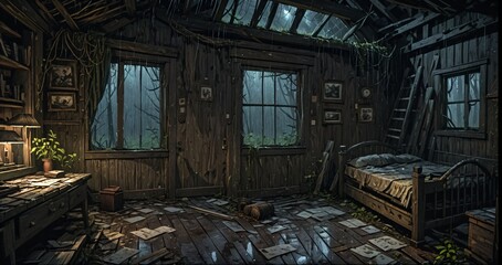 abandoned wooden cabin bedroom interior in the woods on  a rainy evening day night. ransacked wood log lodge overgrown cottage in the forest rain.