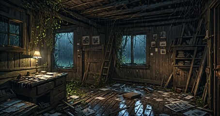 Fototapeta premium old abandoned wooden cabin ransacked lodge on a rainy summer spring evening.
