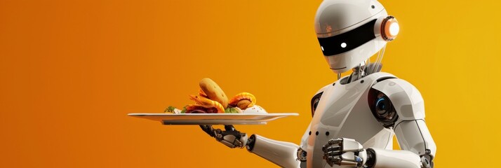 Robot serving food against a vibrant orange background. Concept of automation in the culinary industry.