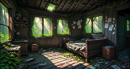 abandoned cabin house in the woods. wooden log lodge interior in the forest on a sunny summer day with sun rays through windows in nature.