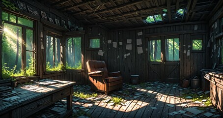 abandoned cabin house in the woods. wooden log lodge interior in the forest on a sunny summer day with sun rays through windows in nature.