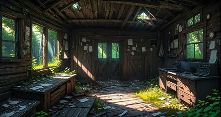 abandoned cabin house in the woods. wooden log lodge interior in the forest on a sunny summer day with sun rays through windows in nature.