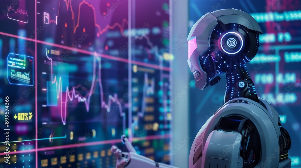 Poster Robot analyzing data on a digital screen with financial charts. High-tech AI in finance and analysis.