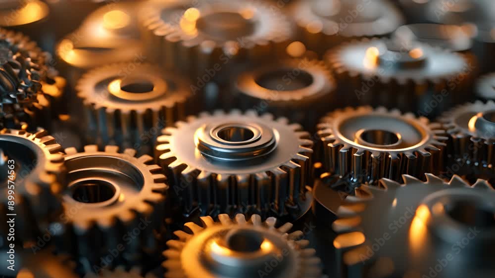 Poster a close up of a blue and orange gear with a yellow center. the gear is surrounded by other gears, cr