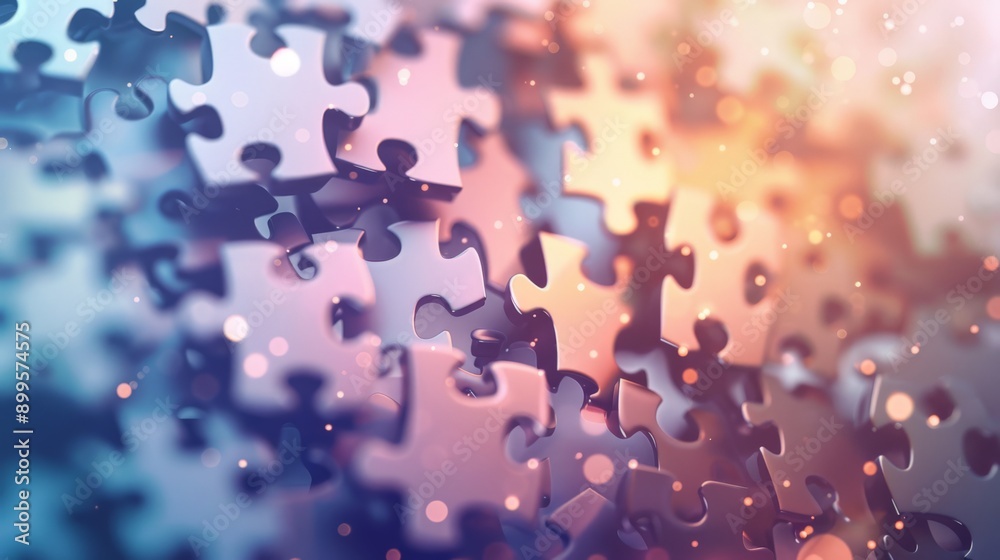Poster scattered colorful puzzle pieces with bokeh effect. concept of fun, creativity, and engaging activit