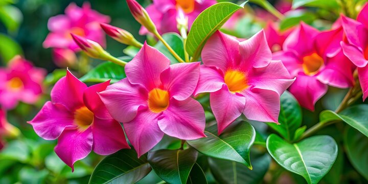 Vibrant pink Mandevilla flowers bloom against a lush green backdrop, delicate trumpet-shaped petals unfolding to reveal soft yellow centers, exuding tropical elegance.
