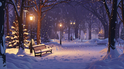 Snow falls on an unoccupied park bench in the city at night, lit by street lamps