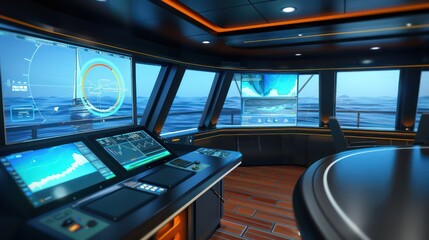 virtual bridge on a ship where maritime operations are managed remotely, with screens showing real-time ocean data