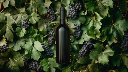 A bottle of wine rests amidst lush grapevines and clusters of ripe grapes, symbolizing the essence...