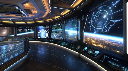 virtual classroom designed like the deck of a spaceship, with screens displaying star charts and cosmic phenomena