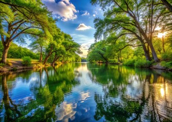 Fototapeta premium Peaceful Guadalupe River in New Braunfels, Texas, features serene water reflecting surrounding lush greenery and vibrant trees under a warm sunny sky.