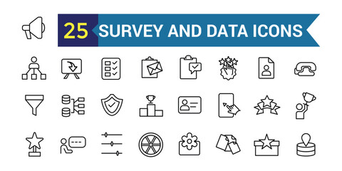 Survey and data icon. Outline icon collection. Editable vector stroke.