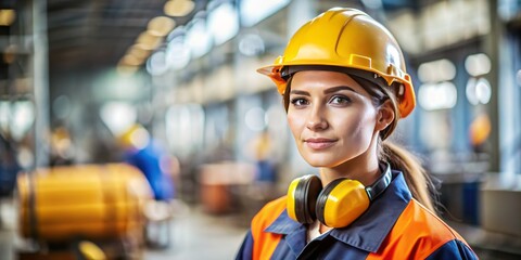Portrait of a professional young female industry engineer or worker wearing a safety uniform and a hard hat.