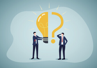 Business problem, idea, decision making and solution, job and career path concept, confusing businessman stand with question mark sign then helping hand put half of lightbulb lamp for bright solution.