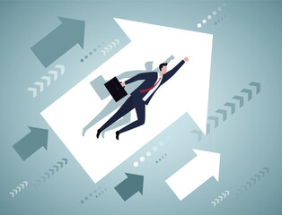 Progress and grow. businessman flying with growth arrow vector