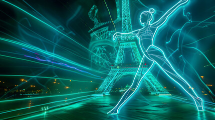 Neon Rhythmic Gymnast: Bright neon lines forming a rhythmic gymnast with the Eiffel Tower in the background on a dark turquoise background.



