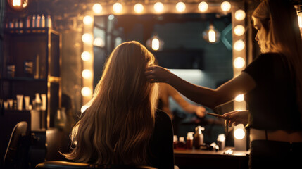 A stylist perfects a woman's long blond hair under the glow of vanity lights in a luxurious salon setting, creating an atmosphere of elegance and care.