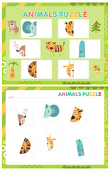 My first busy book – animals puzzle. Cut halves of puzzle and paste (glue) them in right place. Activity worksheet for toddlers. Matching game. Vector illustration.